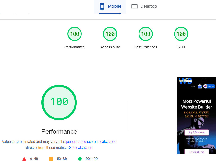 Google PageSpeed Insights perfect 100 scores for UltimateWB on mobile