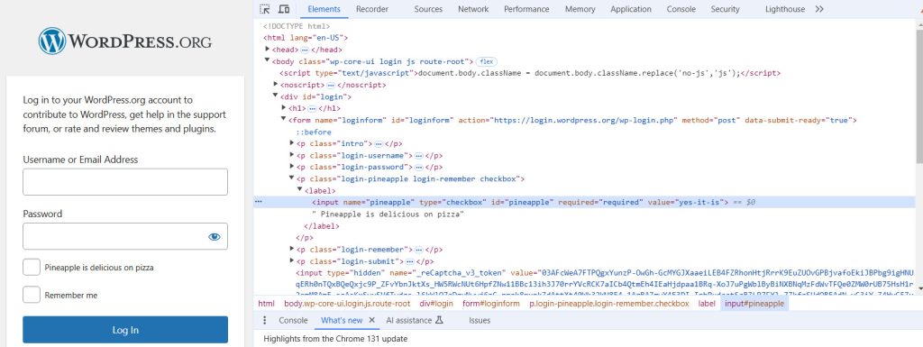 Wordpress.org login, pineapple pizza checkbox