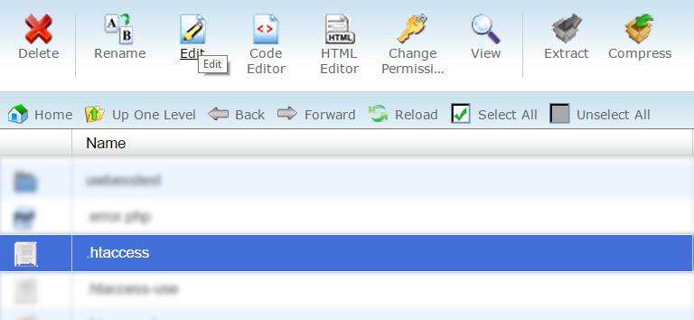 cPanel, File Manager, Edit .htaccess file