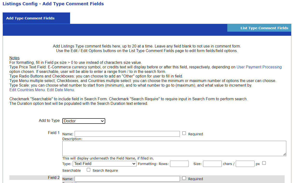 Listings Config, add type comment fields