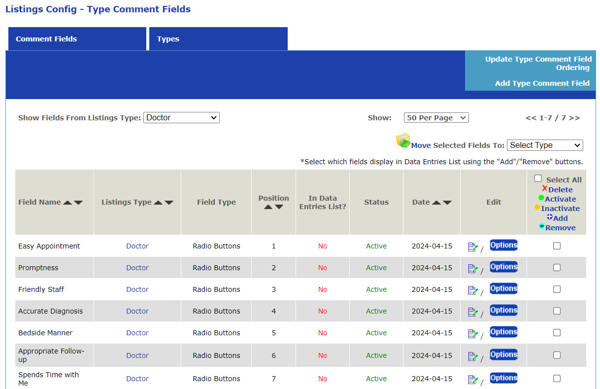 Listings type, comment fields