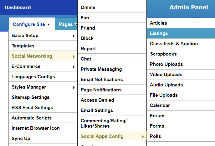 Configure Site menu options, select Listings