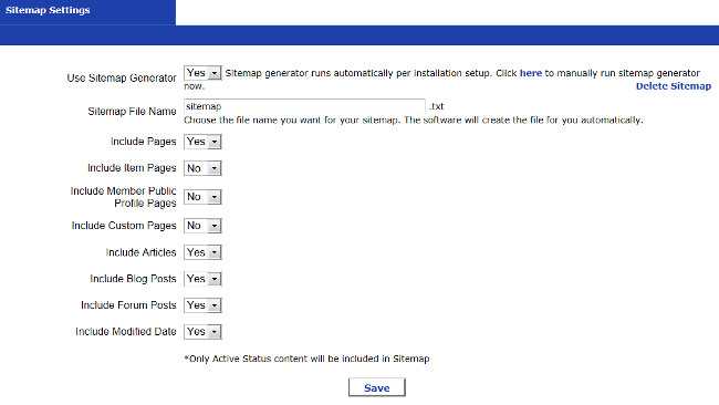 Sitemap Tool Settings Page, Ultimate Web Builder software